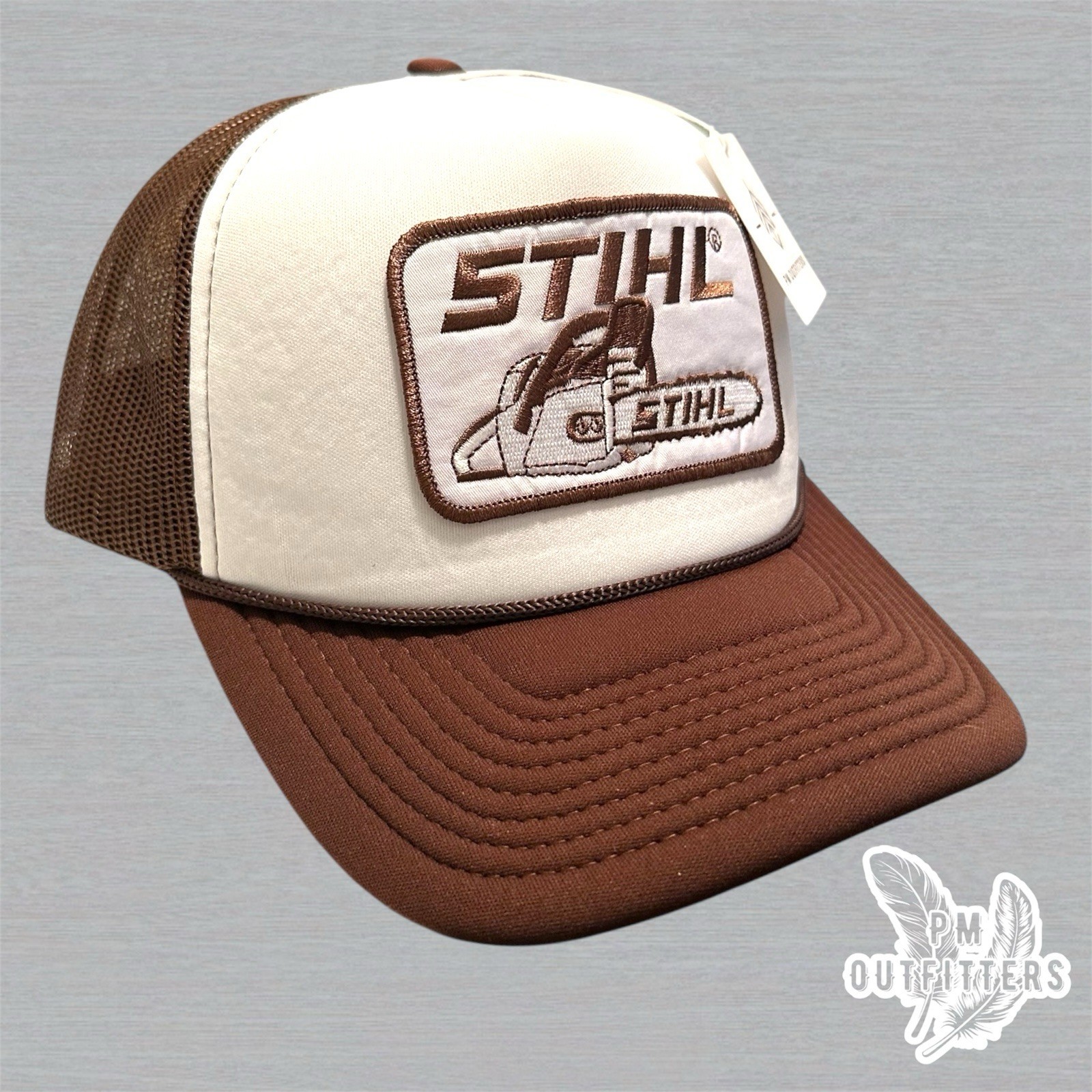 Retro Vintage Stihl Chainsaw Embroidered Patch on Decky Foam Front Rope Trucker