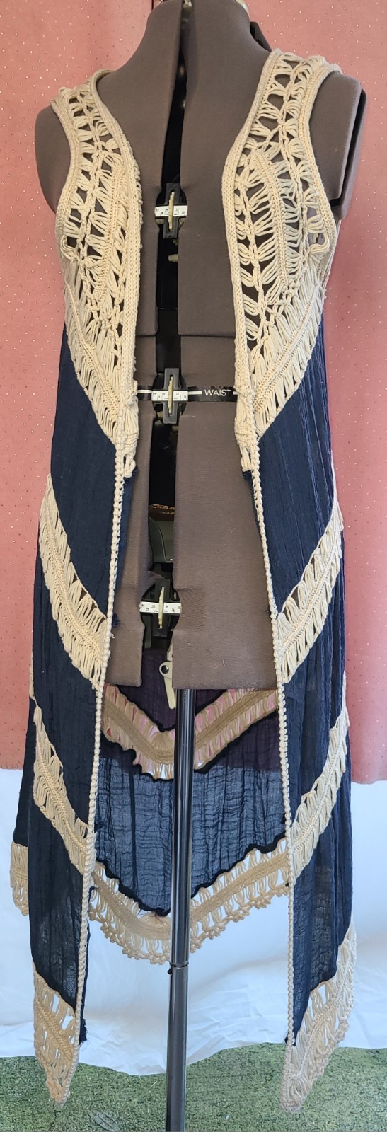 Cream & Blue Crochet Duster Over Wrap. Boho, Hippie Sz: M, Vivid Importers Of NY