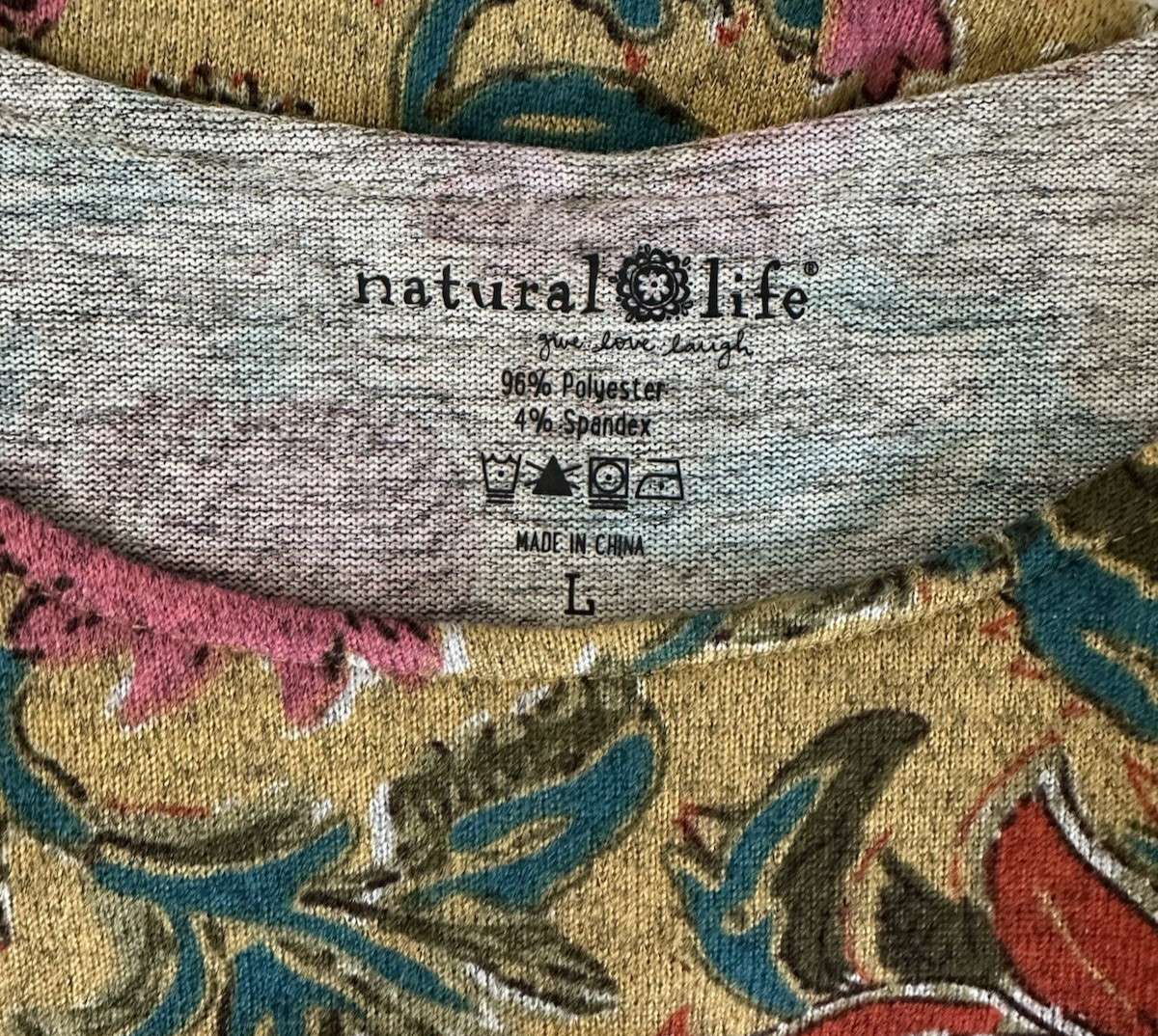 Natural Life Lottie Dress Mustard Floral Print Knit Long 3/4 Sleeve Pocket Sz L