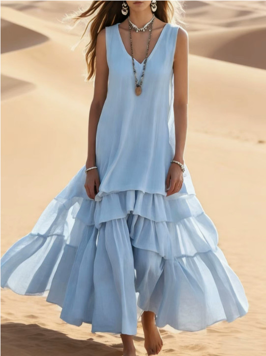 Womens Sleeveless Maxi Dress Casual Flowy Tiered Ruffle Cotton Linen Long Dress