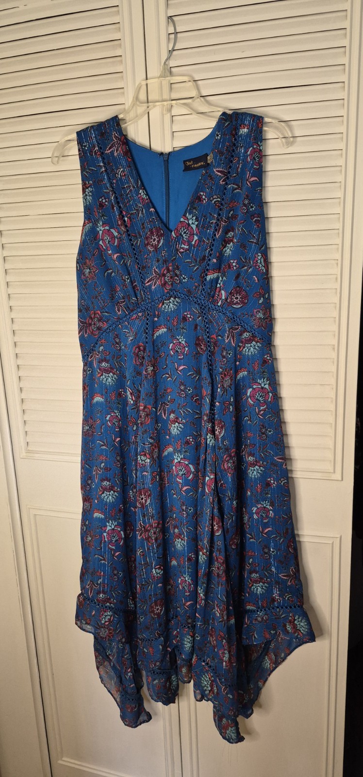 Just Taylor Women’s Sleeveless Dress Sundress US 12 Blue Floral Handkerchief Hem