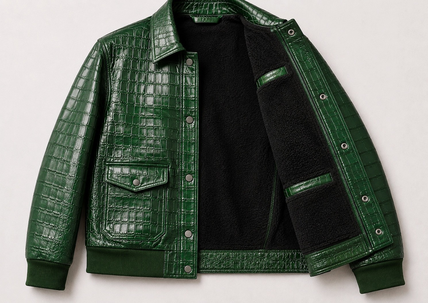 Men’s Green Croc Embossed Leather Bomber Jacket Zip Up Casual Luxury Coat