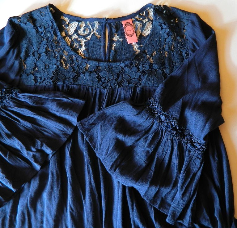 Honeyme Curvy Floral Lace Top Blouse Womens 1X Crochet 3/4 Sleeve Navy Blue Boho