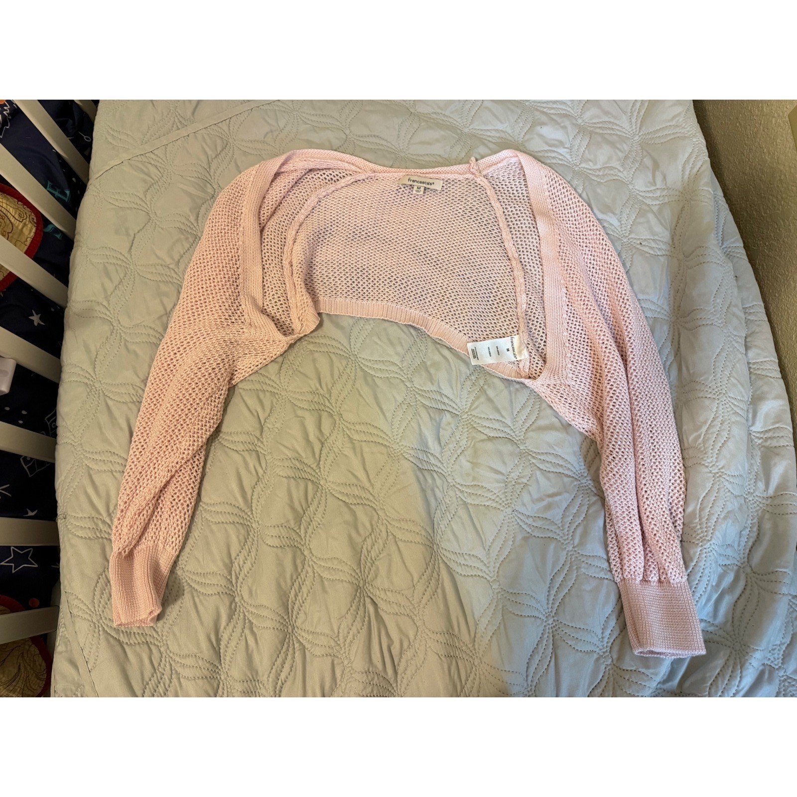 Francesca’s Blush Pink Open Knit Cropped Bolero Shrug Sweater Size Medium