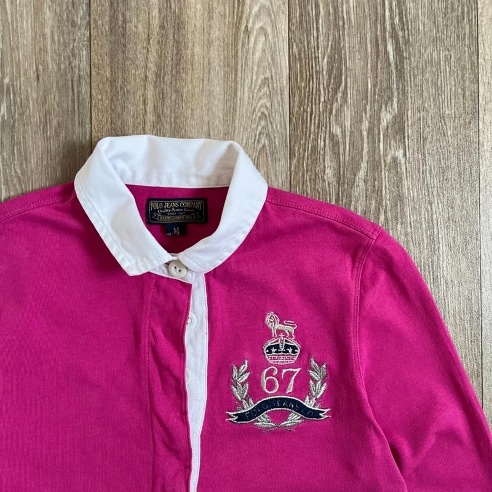 Vintage Polo Ralph Lauren Pink Rugby Shirt Womens Medium Crest Patch Preppy Y2K