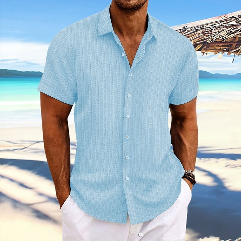 2025 Men Striped Button Down T Shirts Grandad Summer Short Sleeve Casual Tops