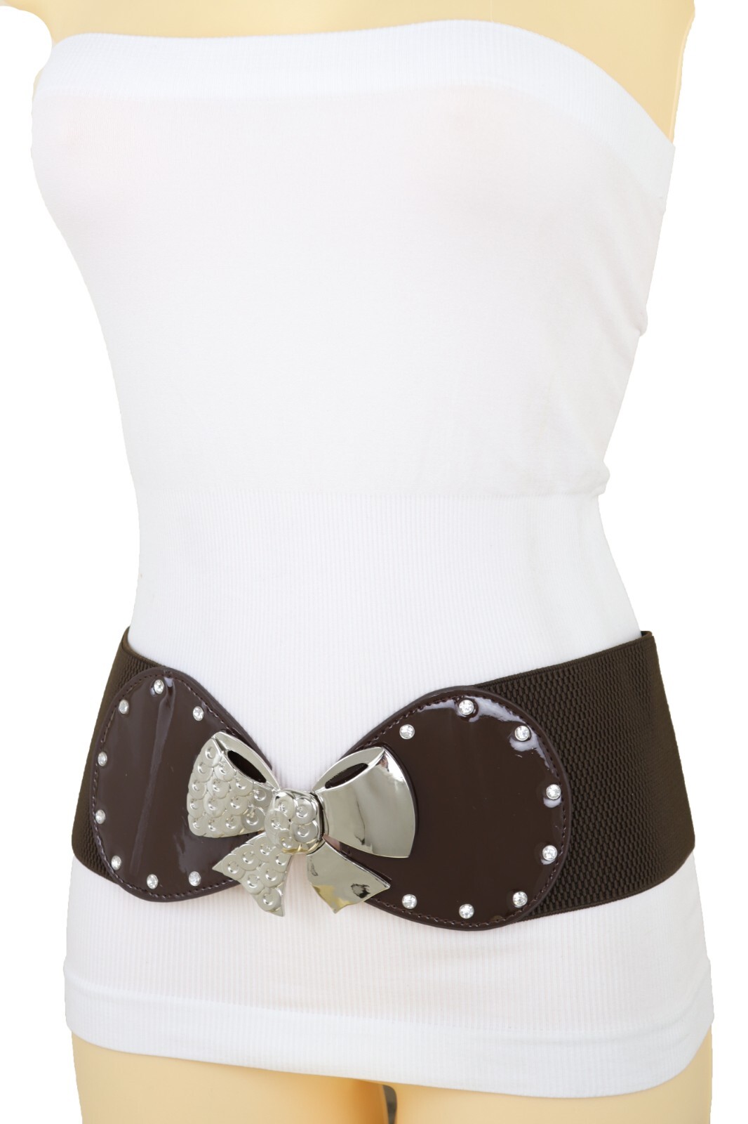 Women Dark Brown / Gold Color Wide Fashion Belt Metal Bow Tie Ribbon Buckle S M