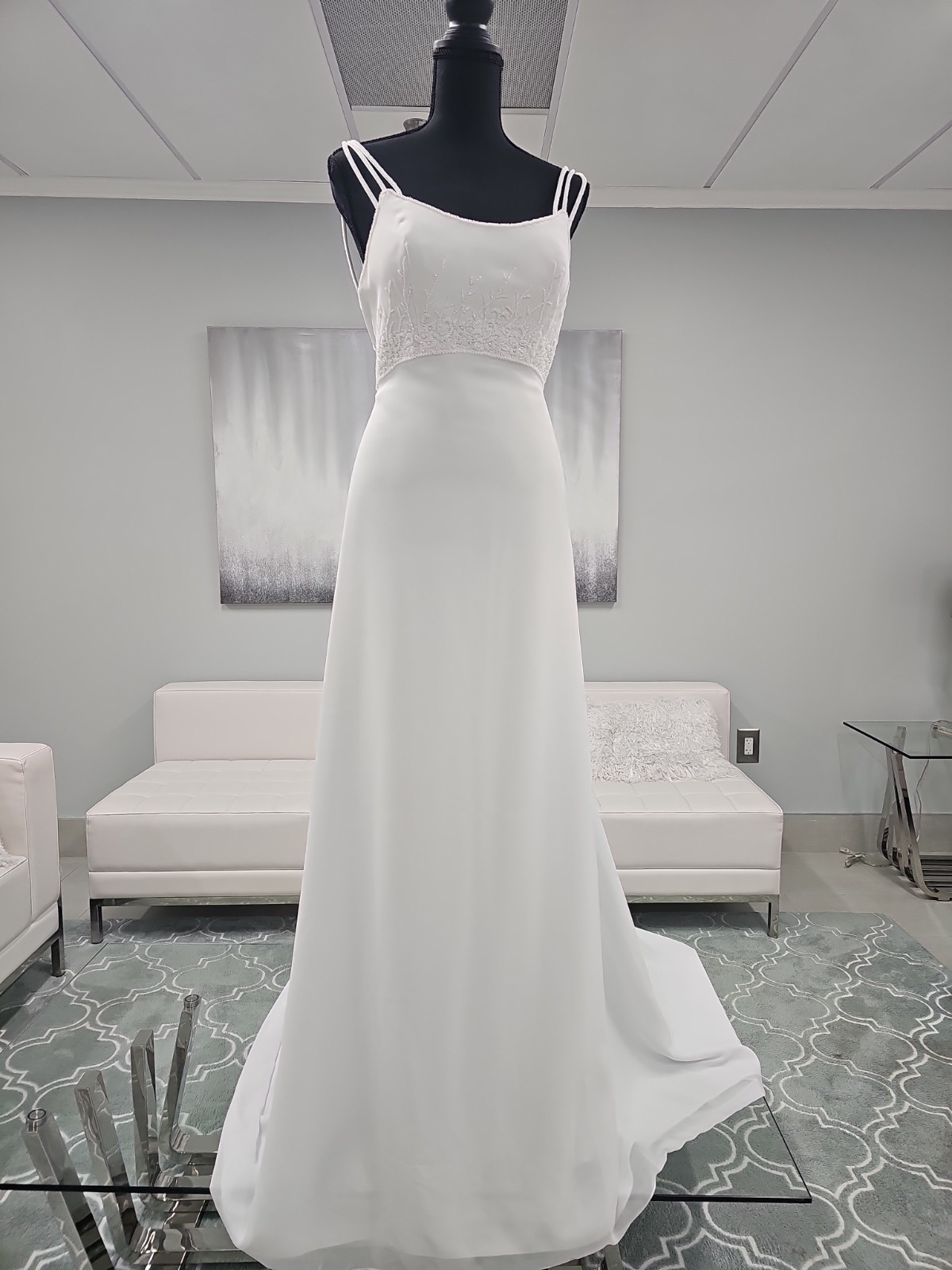 J9349 White Chiffon and crepe ,tripple spaghittis straps adorn with wht. beads