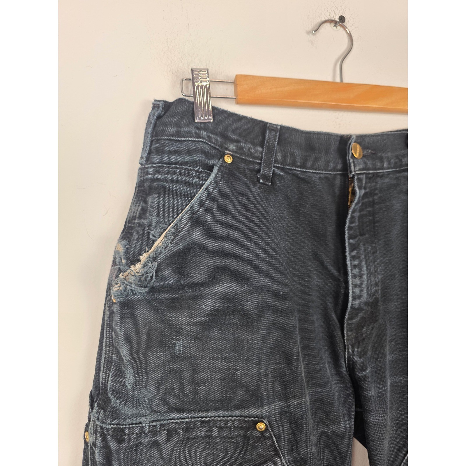 Carhartt B01BLK Double Knee Work Pants Men 32×30 Black Faded Made USA Distressed