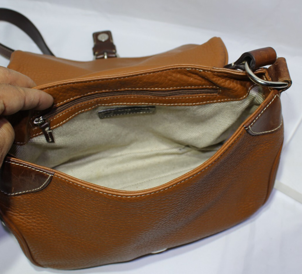 Dooney & Bourke tan saddle slim flap bag pebble All-Weather Leather purse