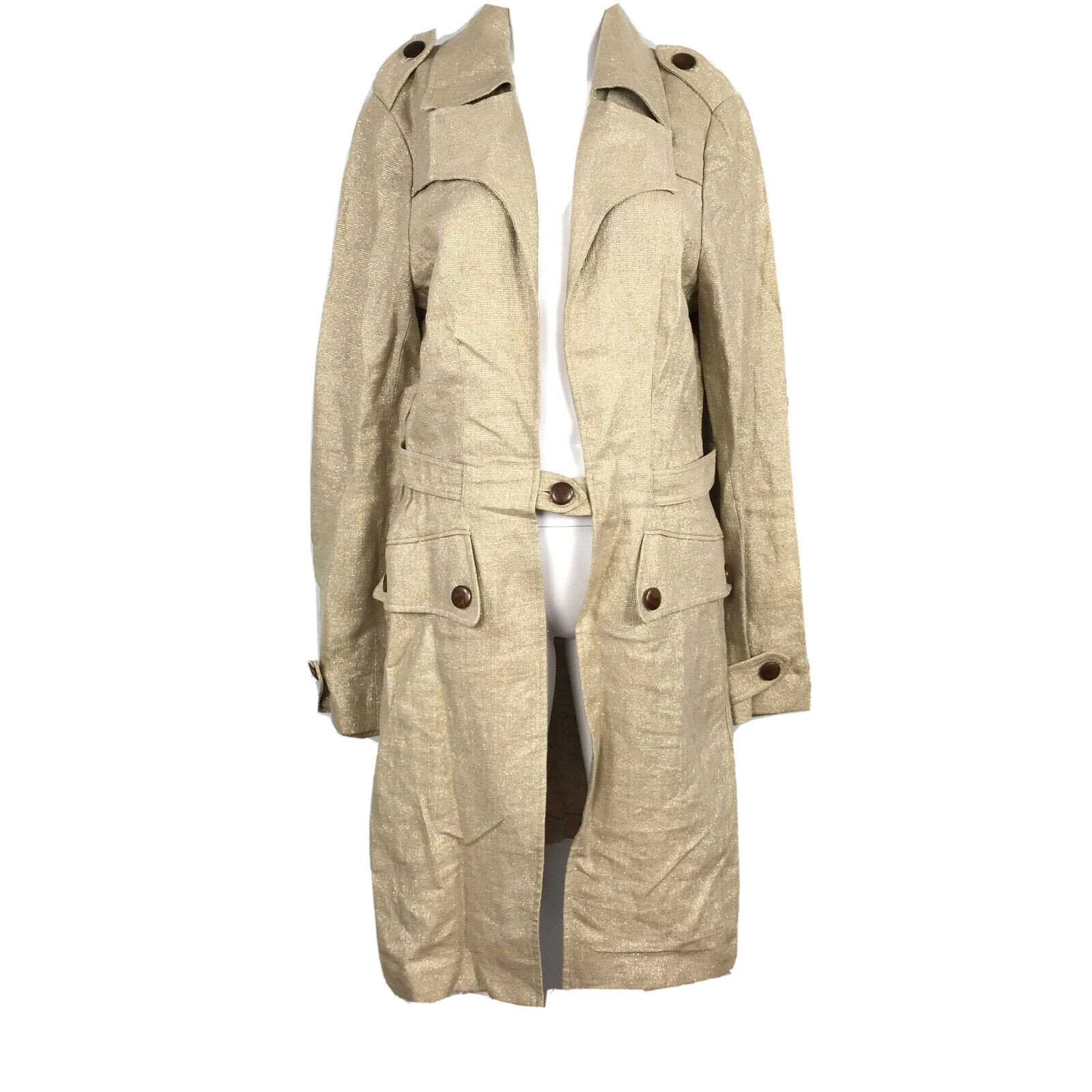 NWT Cache Trench Coat Jacket Womens Sz 12 Gold Beige Metallic Linen Belted