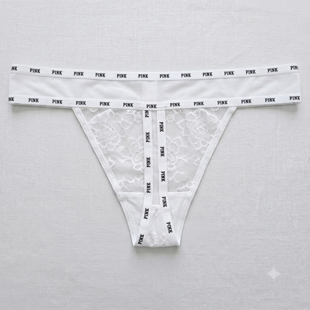 NWT VICTORIA’S SECRET PINK LARGE WHITE LACE MESH BLACK LOGO RARE THONG PANTIES