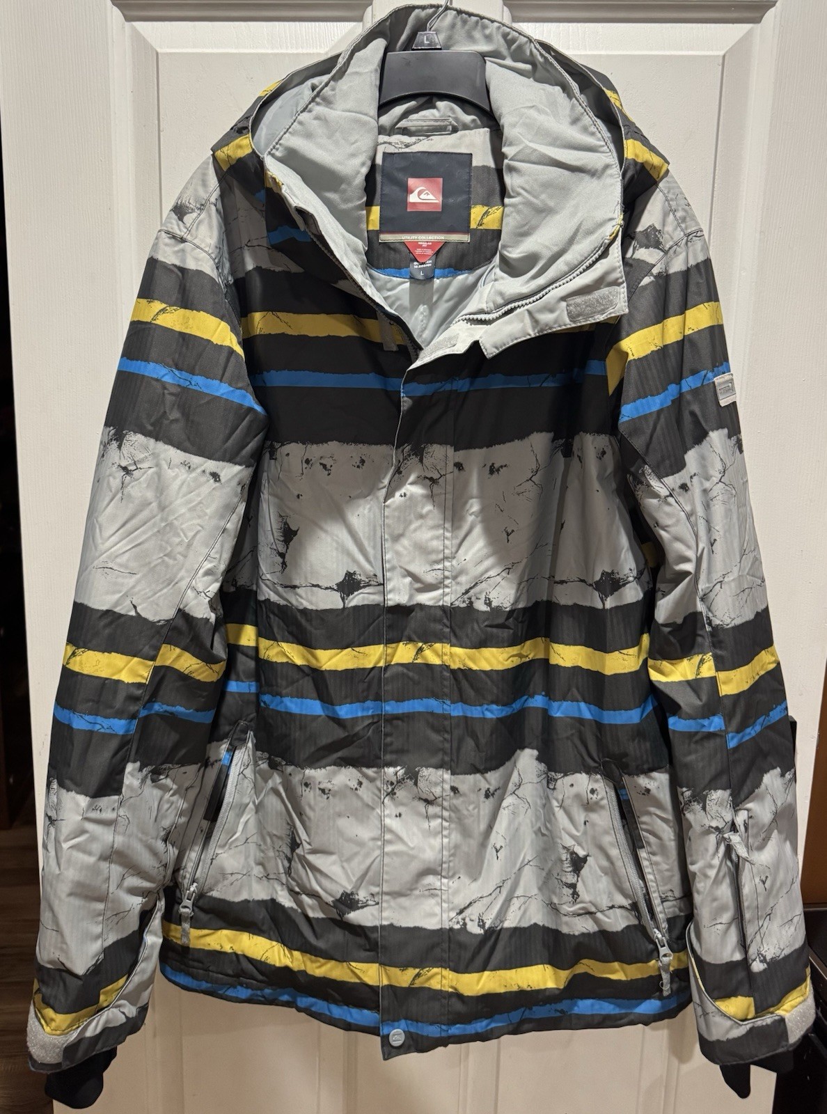 Quiksilver Jacket Mens Large Gray Striped Tech 10.000MM Hooded Snowboard Ski Y2K