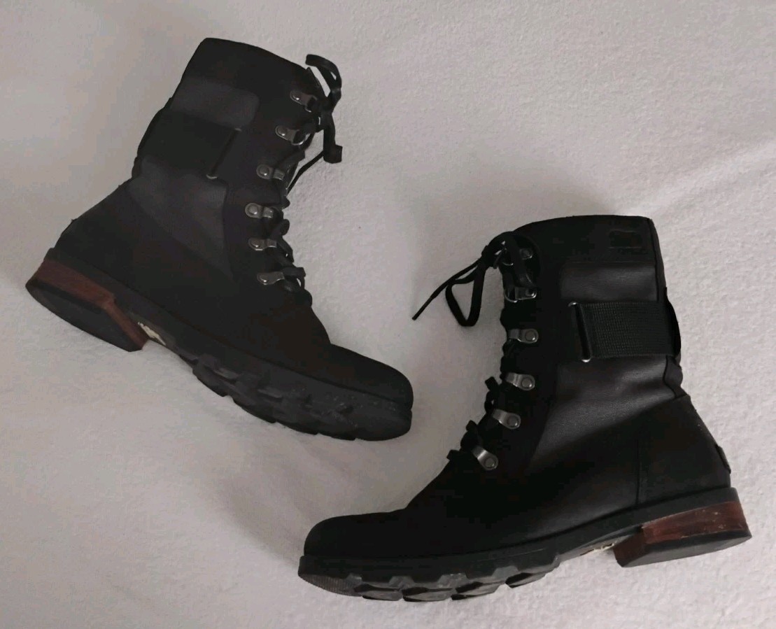 Sorel Emelie Conquest Boots Women’s Black Waterproof Lace Up Combat Lug Moto 9.5