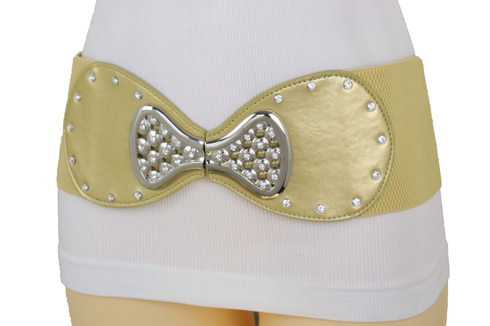 Women Belt Hip Waist Gold Wide Elastic Silver Metal Bow Tie Ribbon Buckle S M