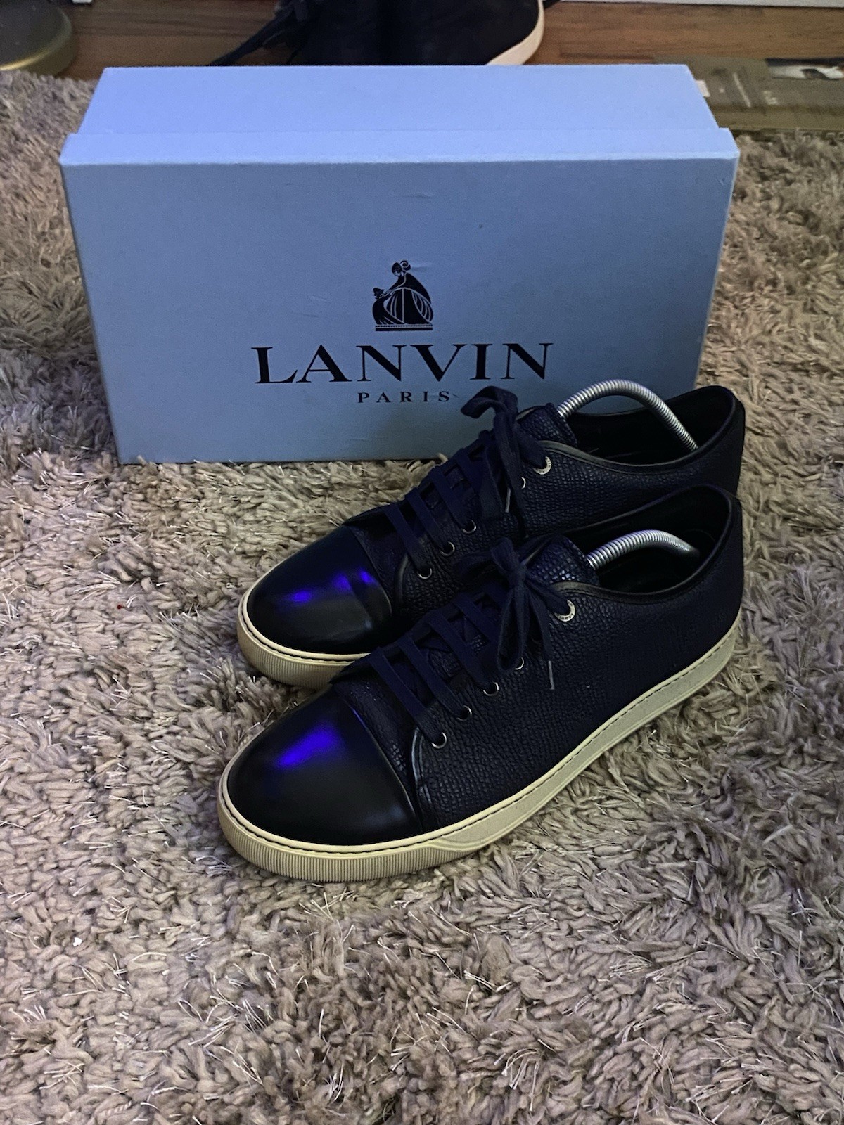 LANVIN Mens DBB1 Navy Embossed Leather Lace Up Sneakers Size UK 10 US 11