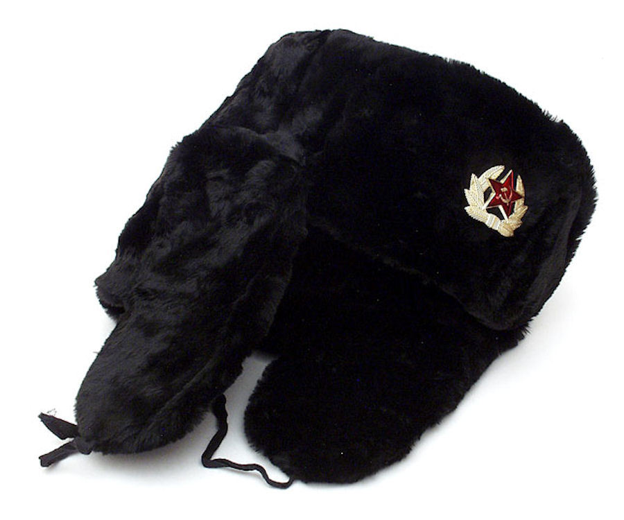 RUSSIAN AUTHENTIC BLACK USHANKA MILITARY HAT WITH SOVIET ARMY EMBLEM