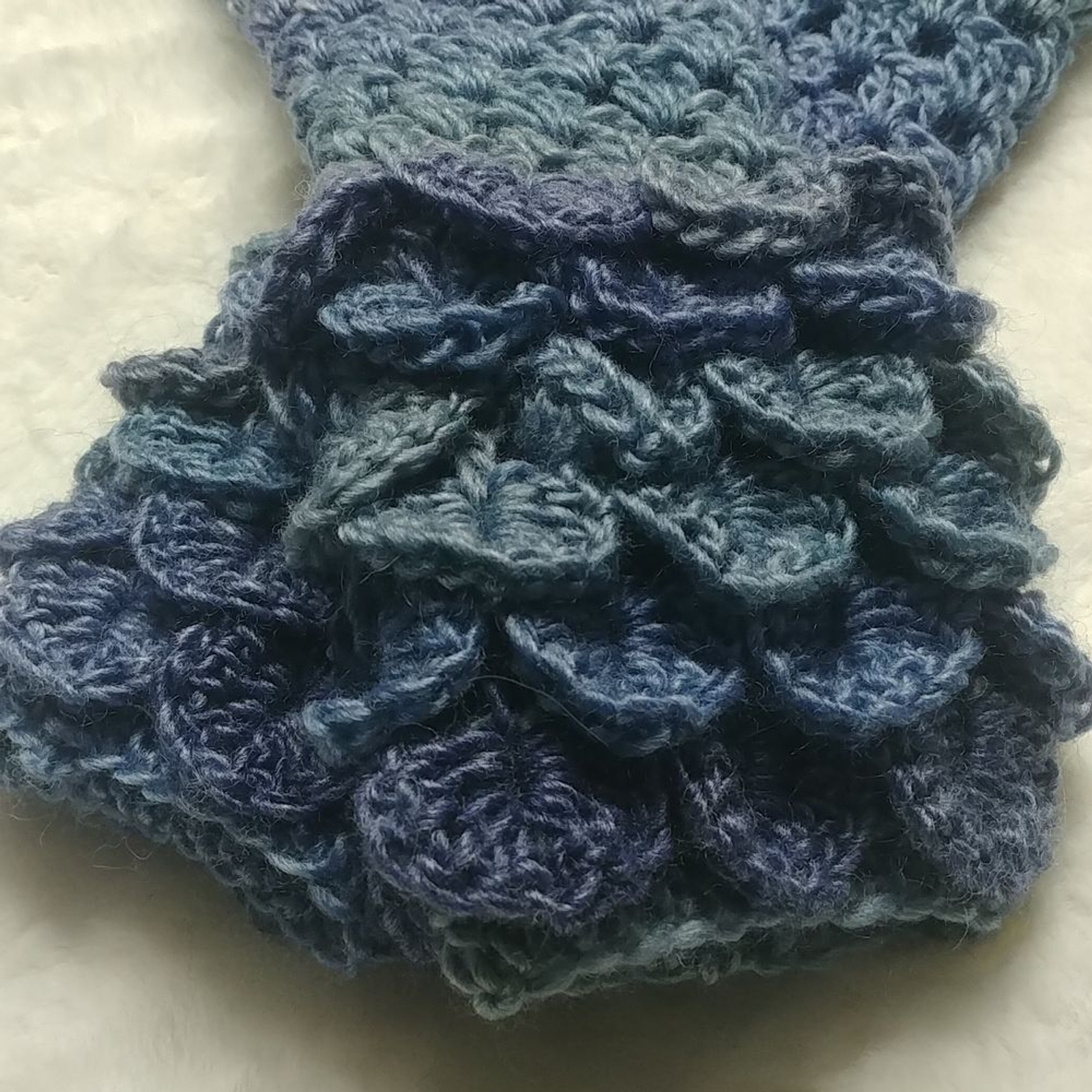 Handmade wool/viscose dragonscale Fingerless texting gloves in “blue hues”