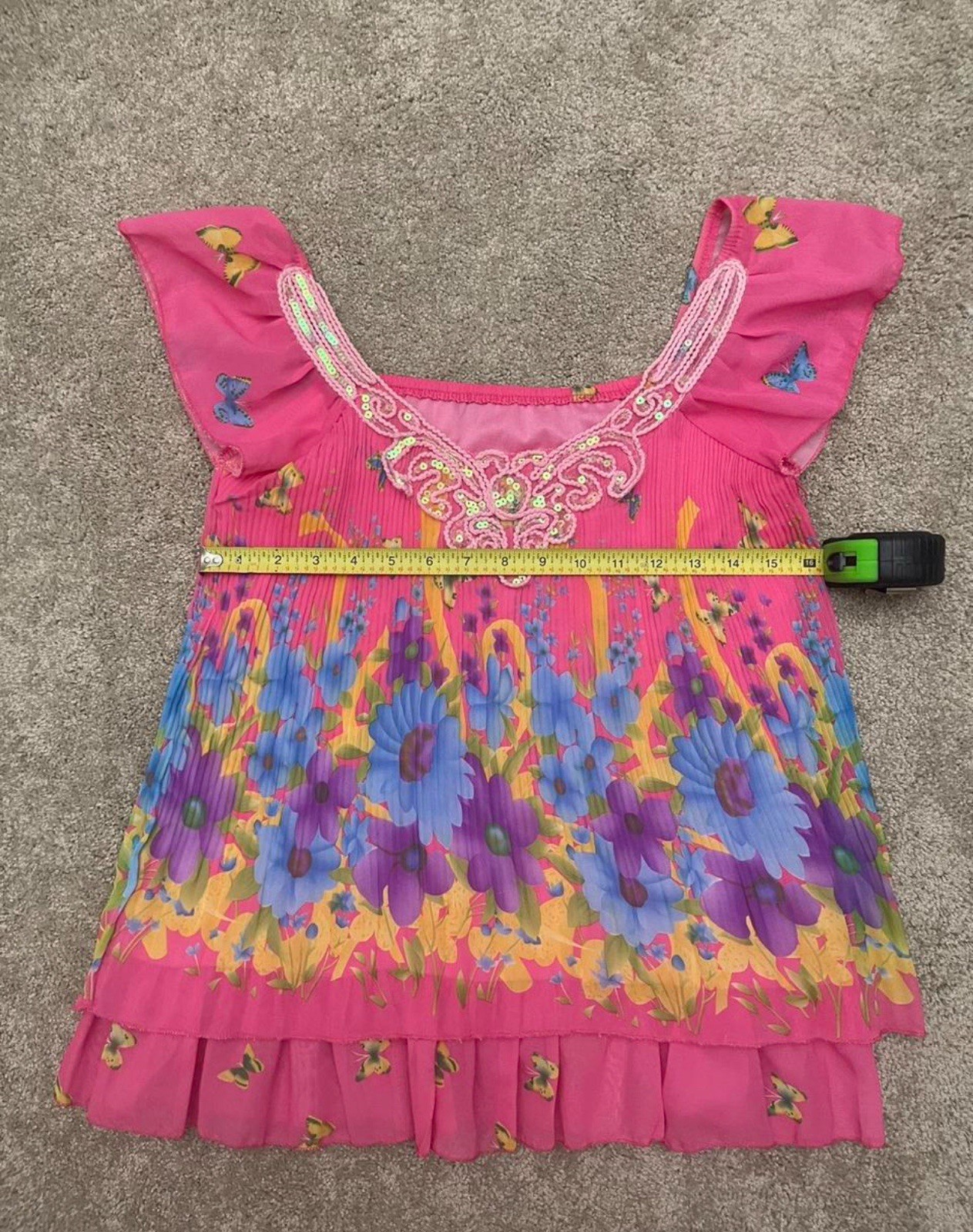 Pink Floral Embellished Sequin Flutter-Sleeve Blouse Top Women’s Size M