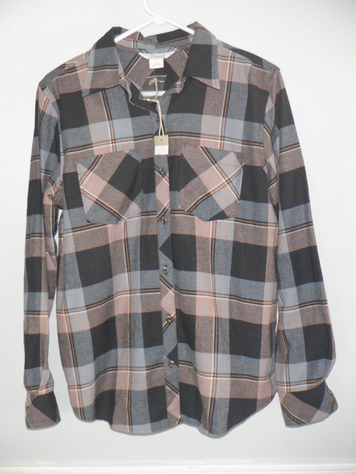 NWT Women’s NATURAL REFLECTIONS Sz M Mauve Plaid Flannel LS BF Pocket Shirt