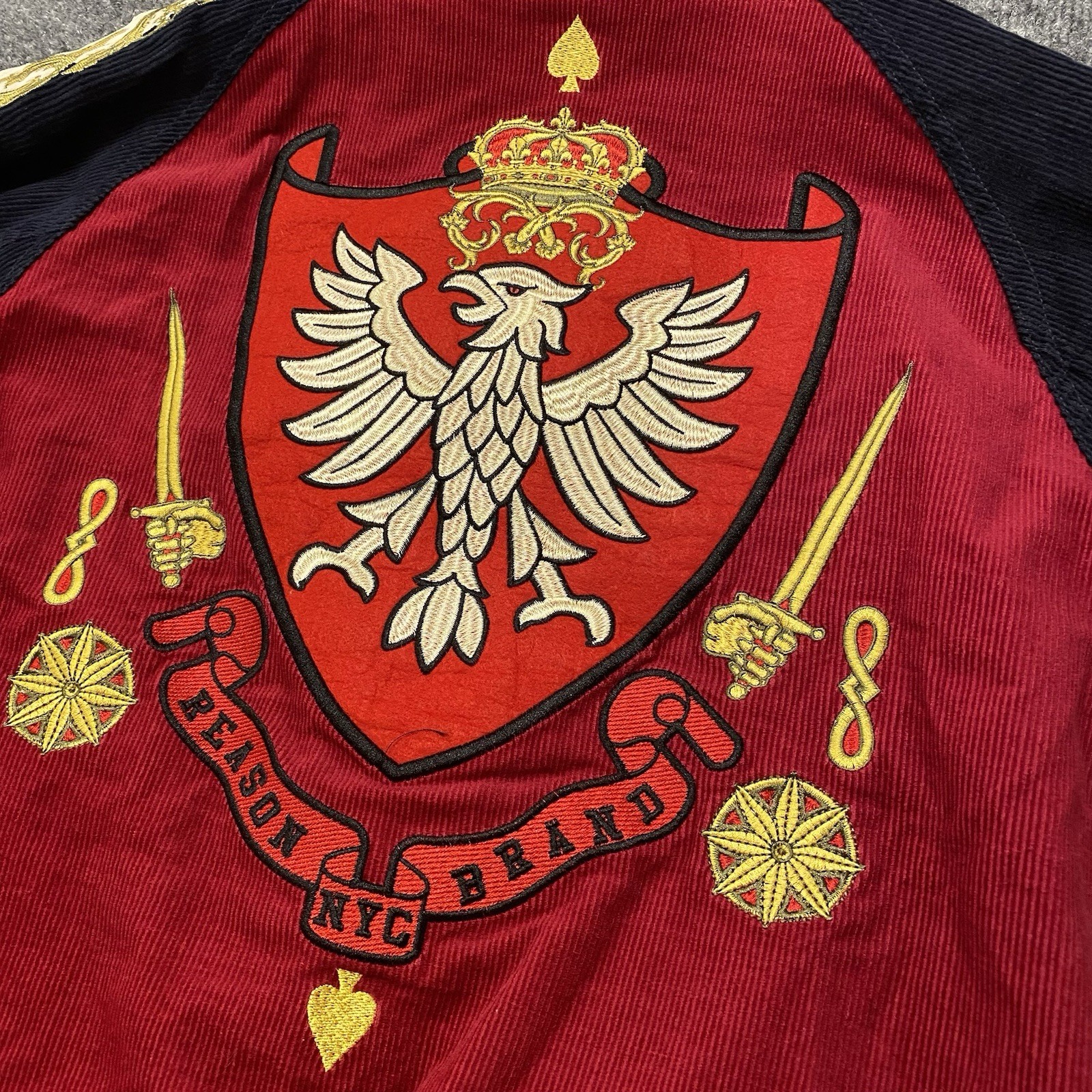 Reason Cutless Crown Royalty Bomber Jacket Mens Small Corduroy Embroidered