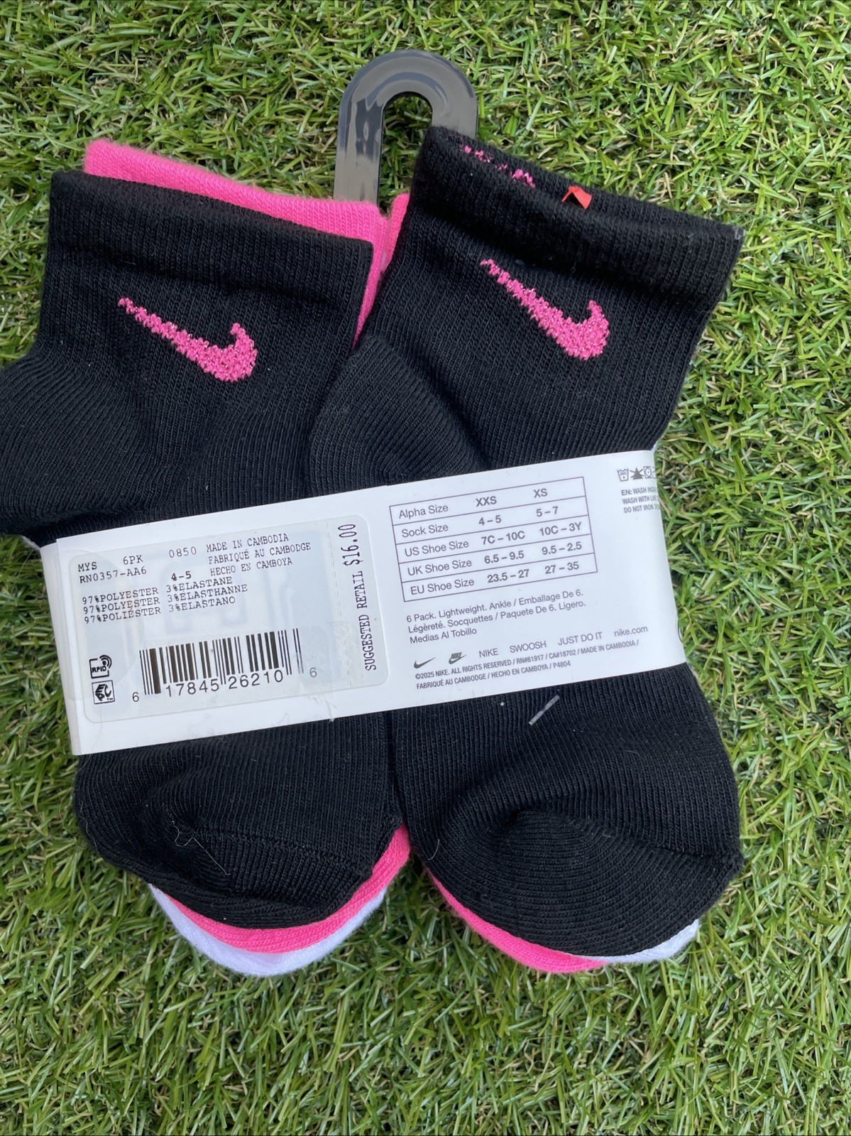 Nike 6 Pack Lightweight Ankle Socks Pink White and Black YTH 7C-10C NWT
