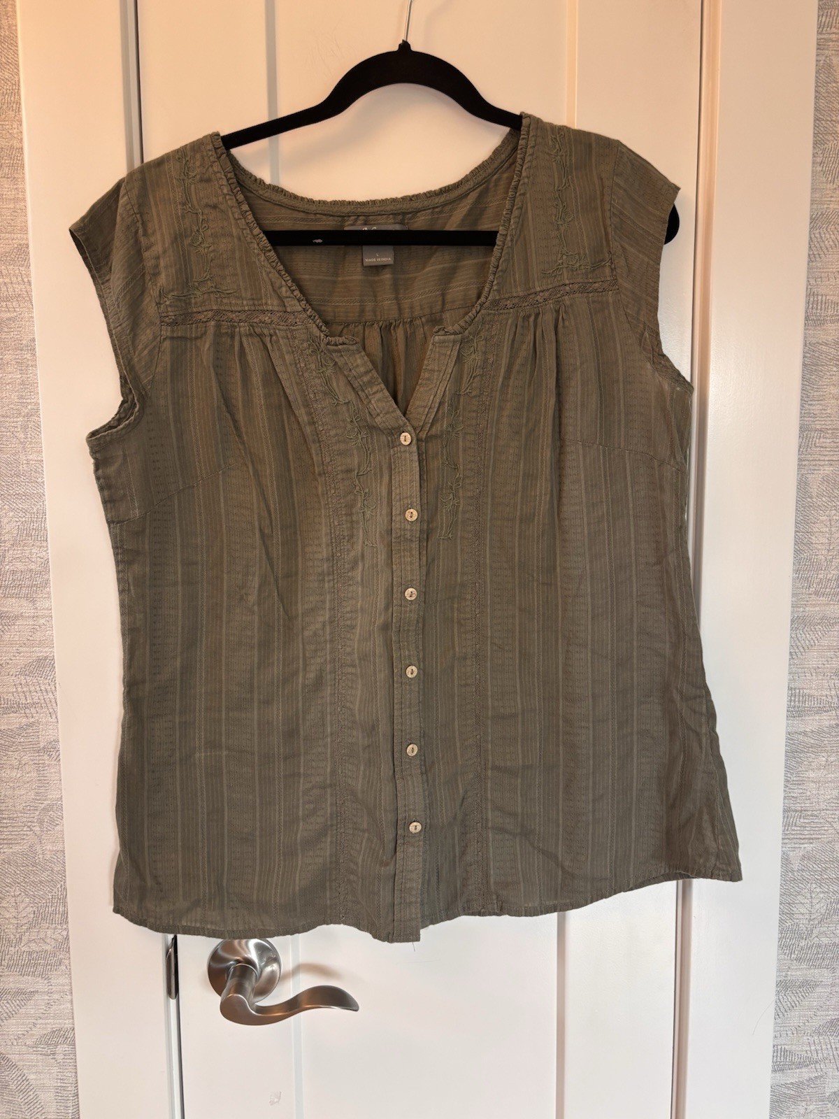 Natural Reflections Cotton Button Up Cap Sleeve Boho Blouse Olive Green Sz Large