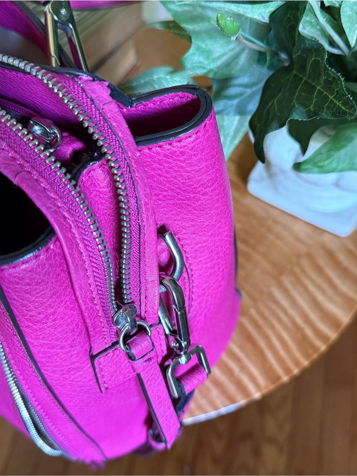 Calvin Klein Bright Fuchsia Pebbled Leather Satchel Tote with Silver Hardware