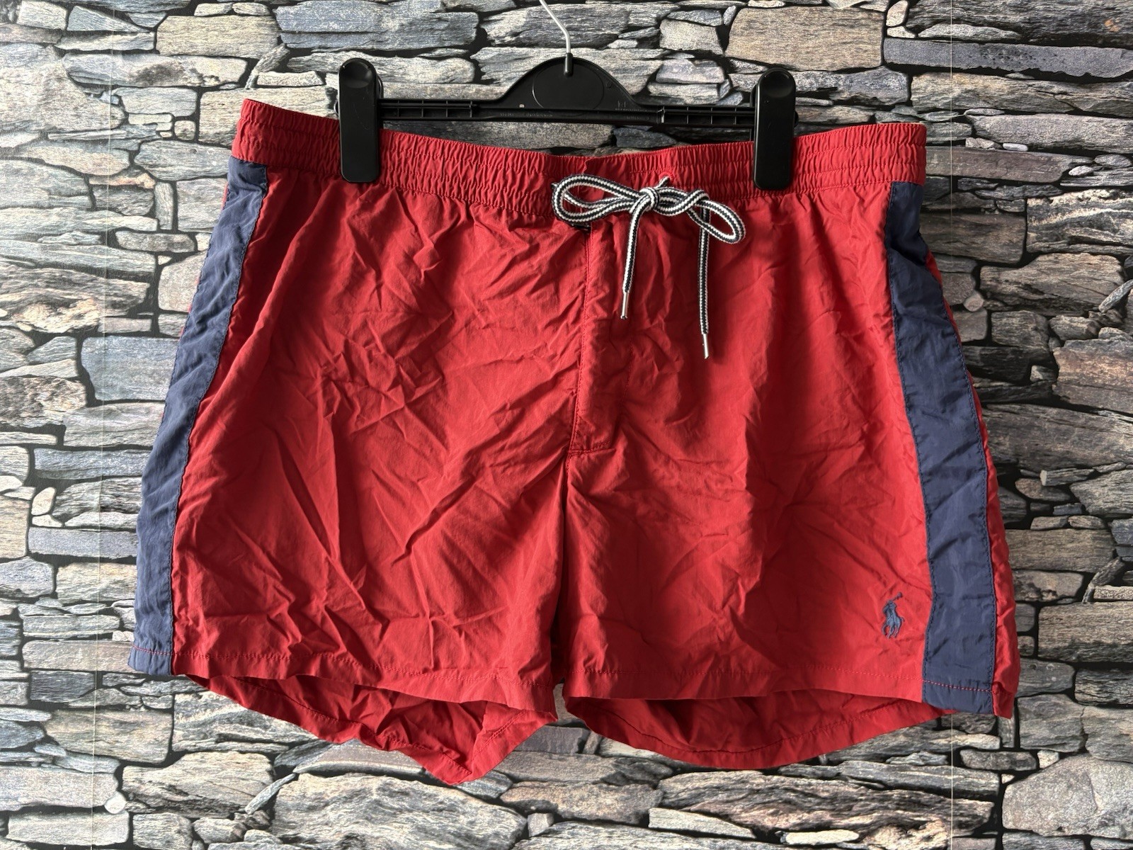 Vintage Polo Ralph Lauren Red Navy Sides Swimming Trunks Swim Shorts Zip Fly
