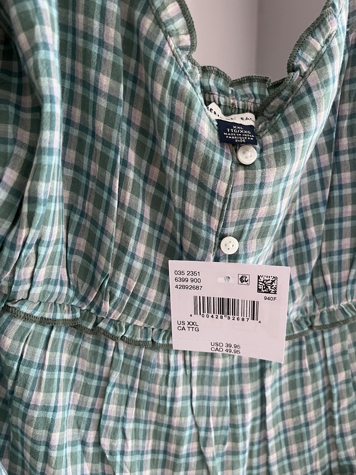 American Eagle Green Plaid Ruffle Square Neck Puff Long Sleeve Blouse XXL