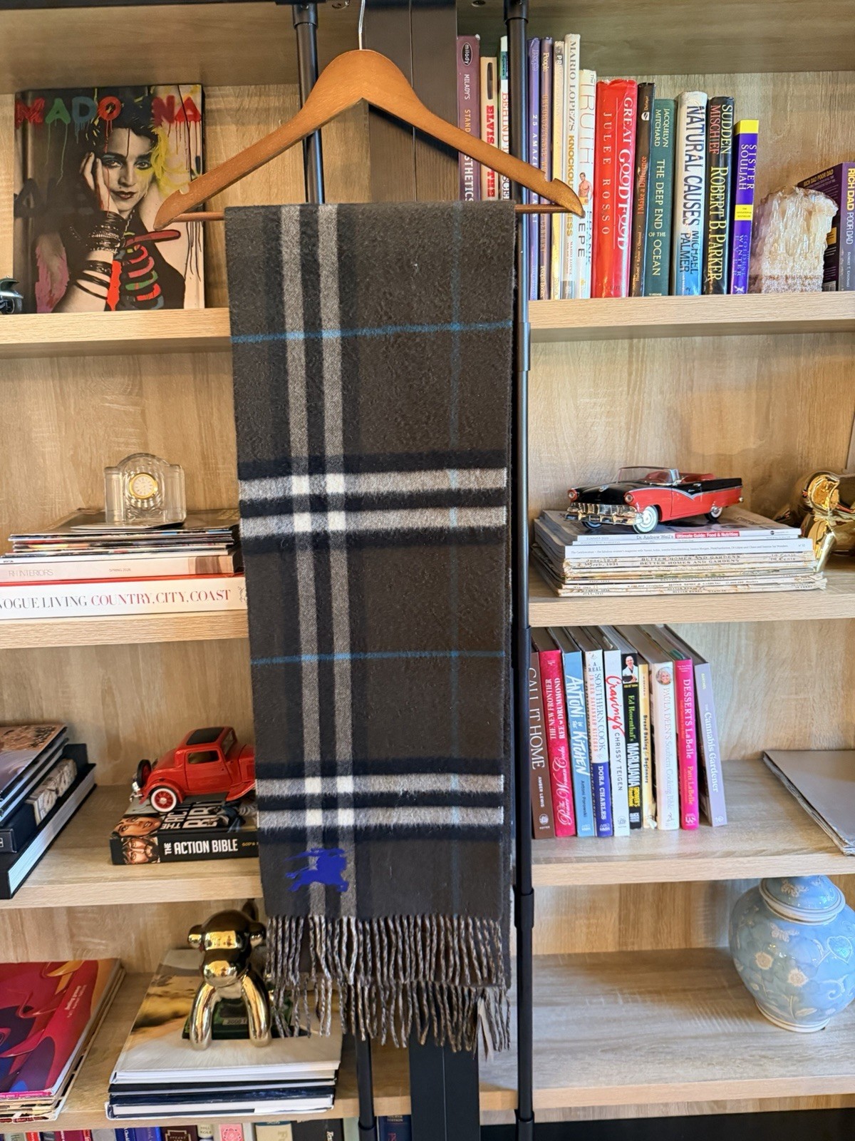 Burberry Cashmere Plaid Fringe Rectangle Scarf Gray Black Blue Women