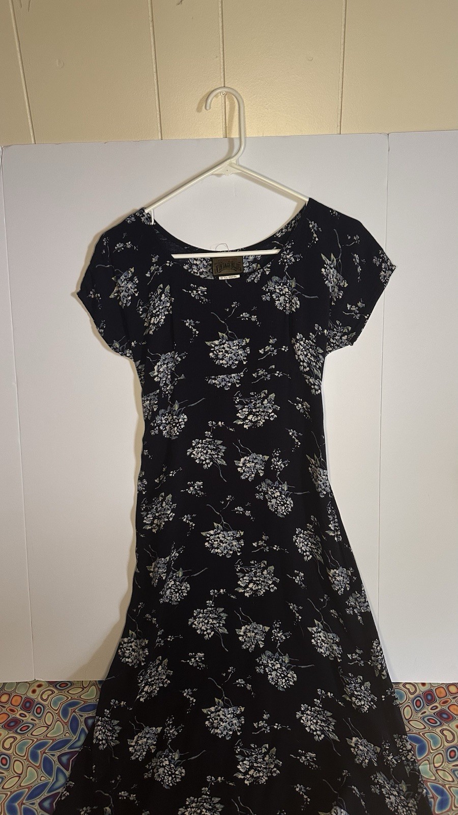 Vintage Blue Navy Blue and Hydrangea Cottagecore Midi Dress with Tie Detailing