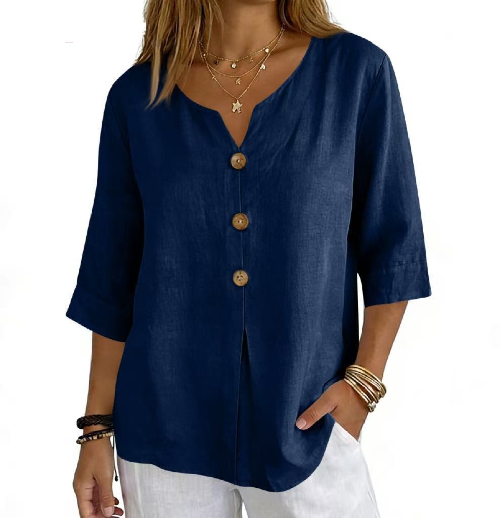 Womens Linen Button Down Shirt V Neck 3/4 Sleeve Loose Fit Casual Blouse Top