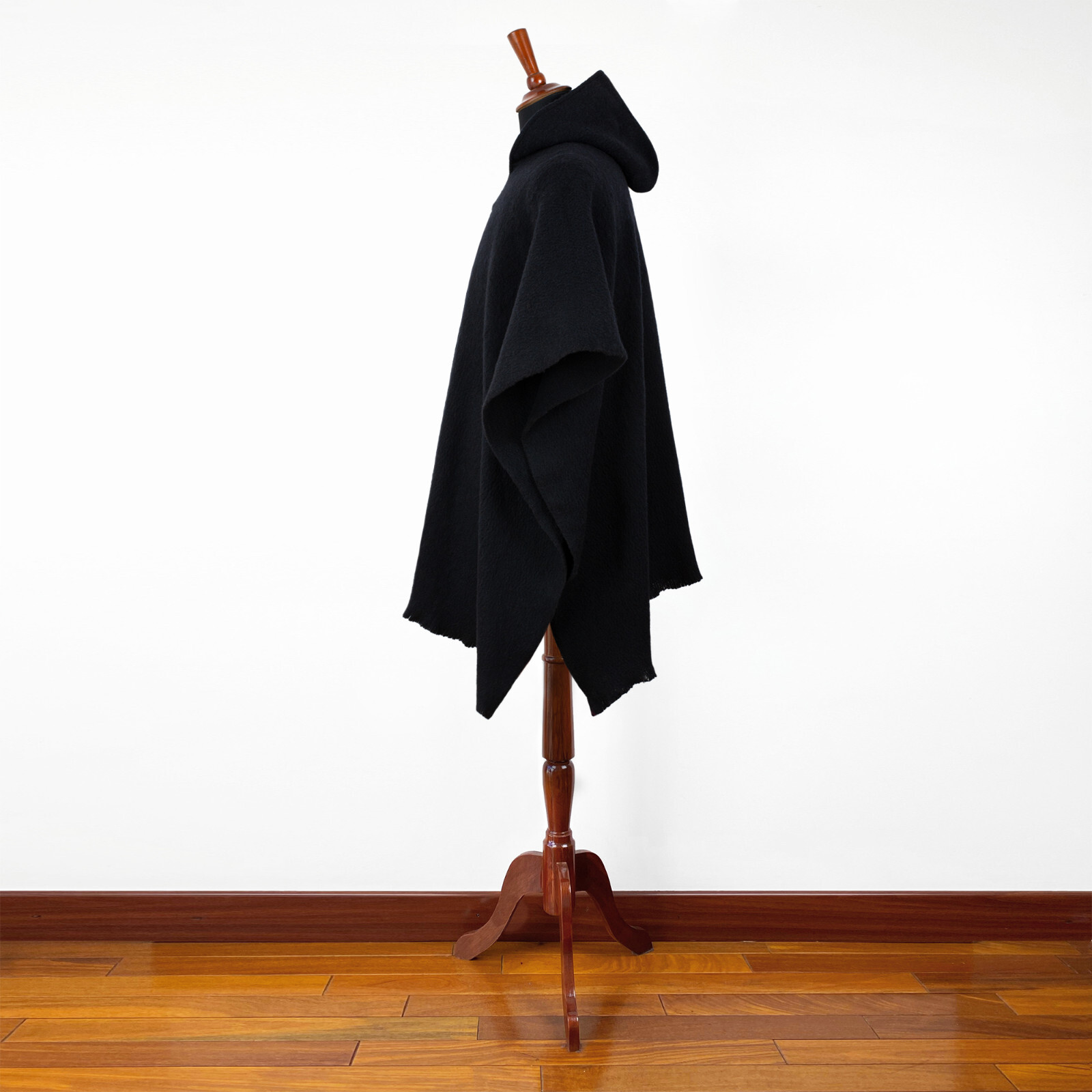 LLAMA WOOL MENS WOMANS UNISEX HOODED PONCHO ETHNIC TRIBAL BOHO SOLID BLACK S-XL
