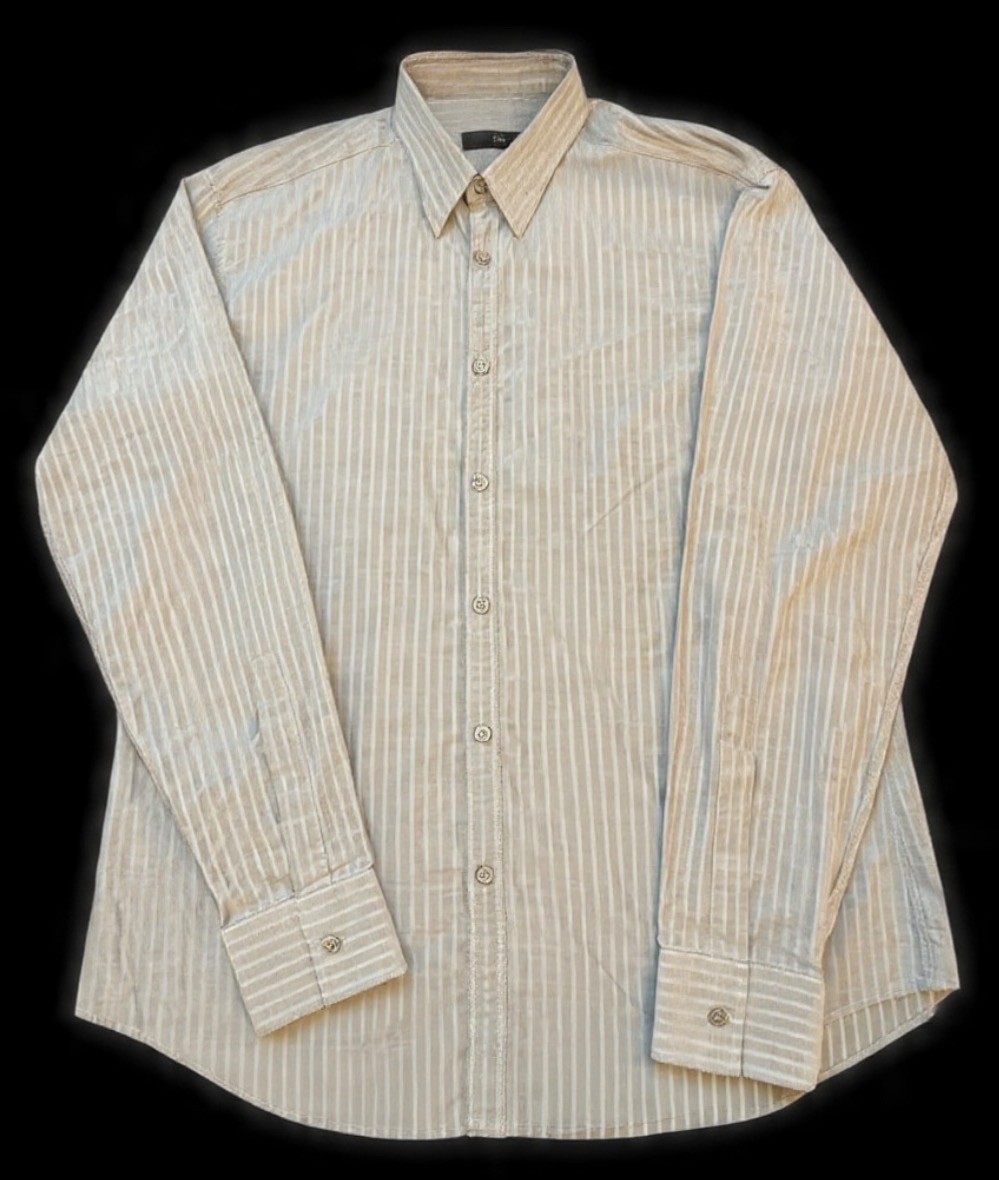 Zegna Mens Button Front Long Sleeve Cotton Beige Stripe Shirt Large L