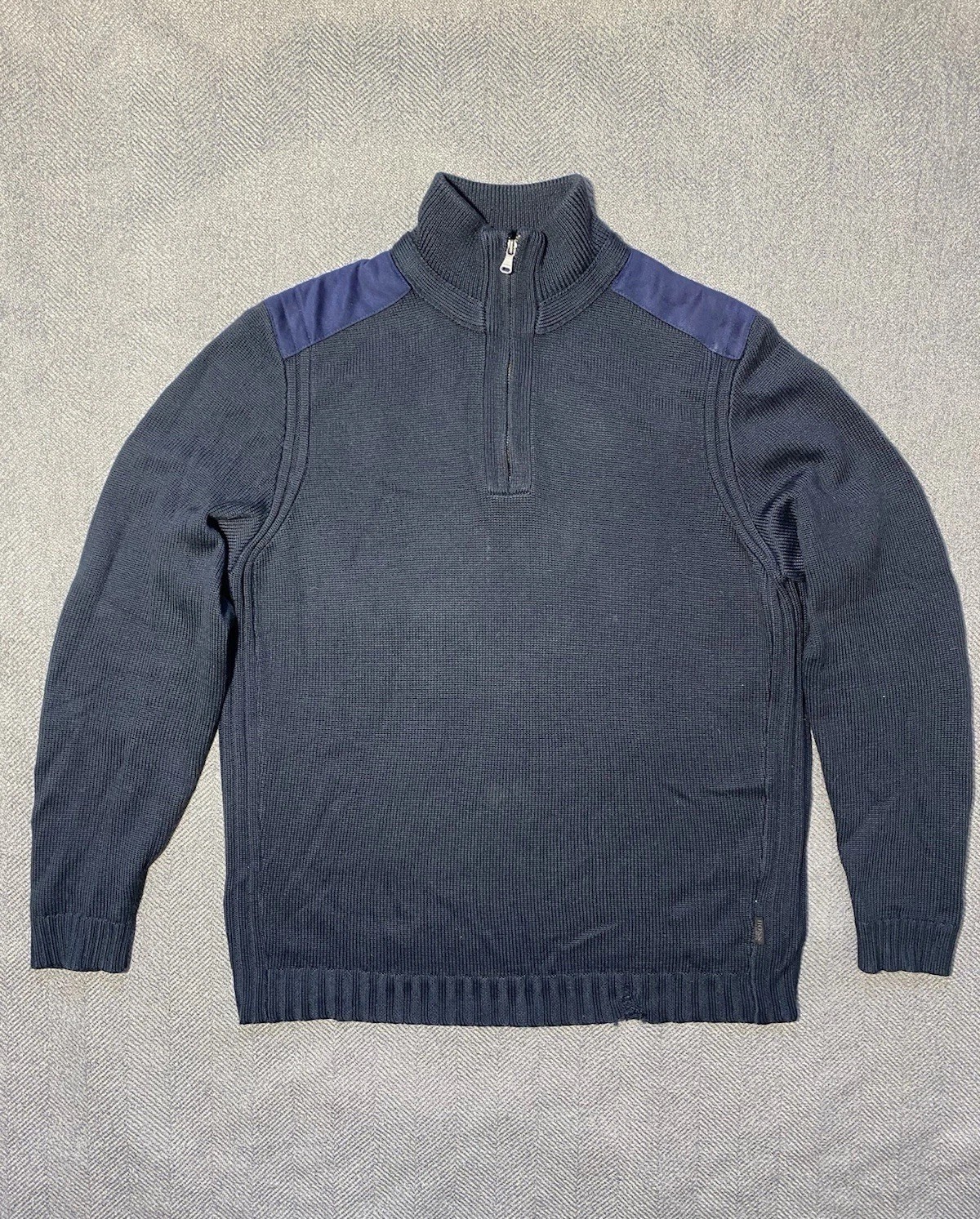 Hugo Boss Sweater Mens L Navy Quarter Zip Wool Elbow Patch Knit