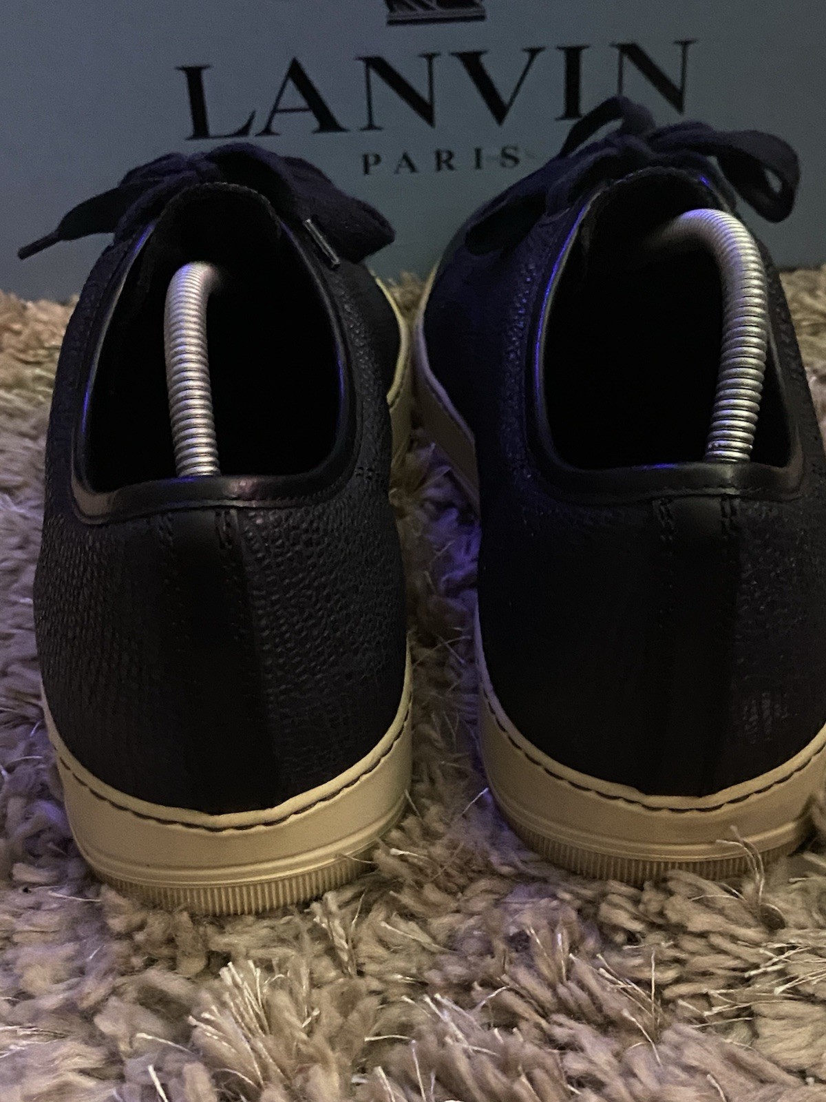 LANVIN Mens DBB1 Navy Embossed Leather Lace Up Sneakers Size UK 10 US 11