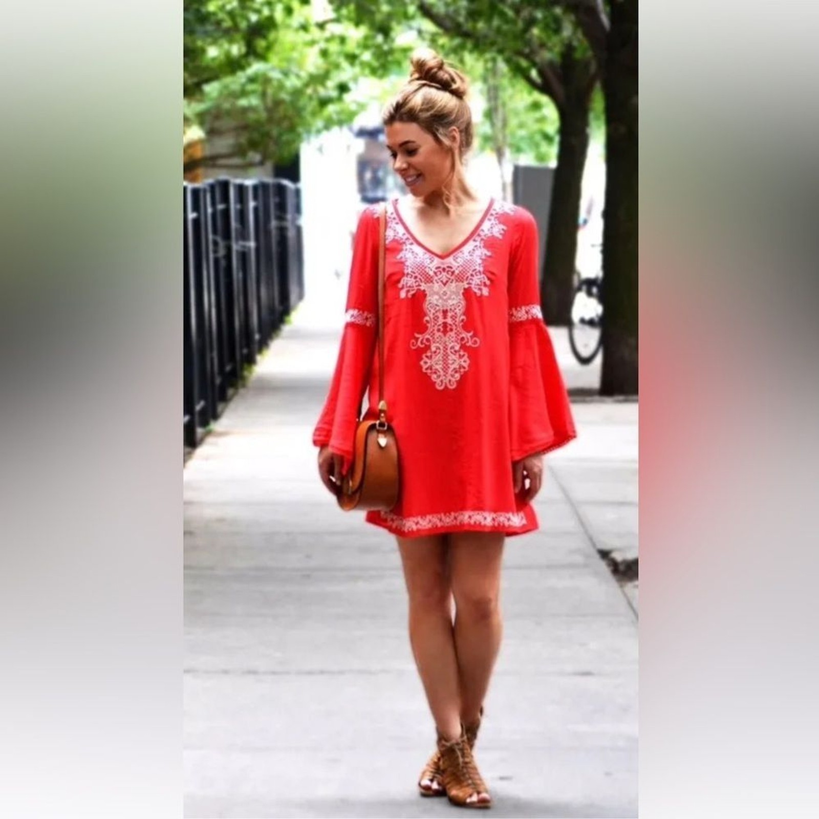 Flying Tomato Embroidered Bell Sleeve Bohemian Ivory Blue Dress Small Festival