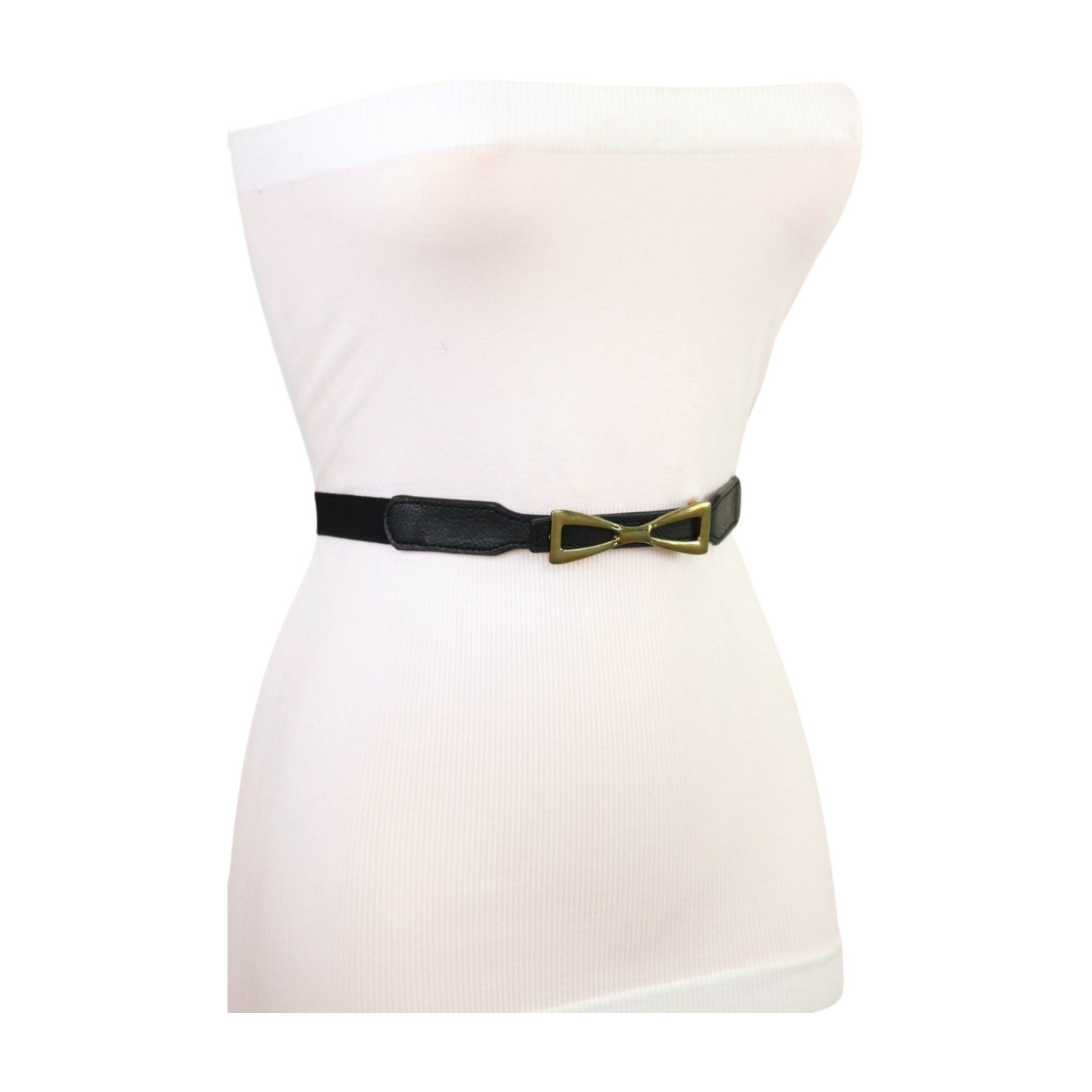 Women Black Elastic Strap Narrow Belt Rusty Gold Metal Bow Tie Ribbon Buckle S M