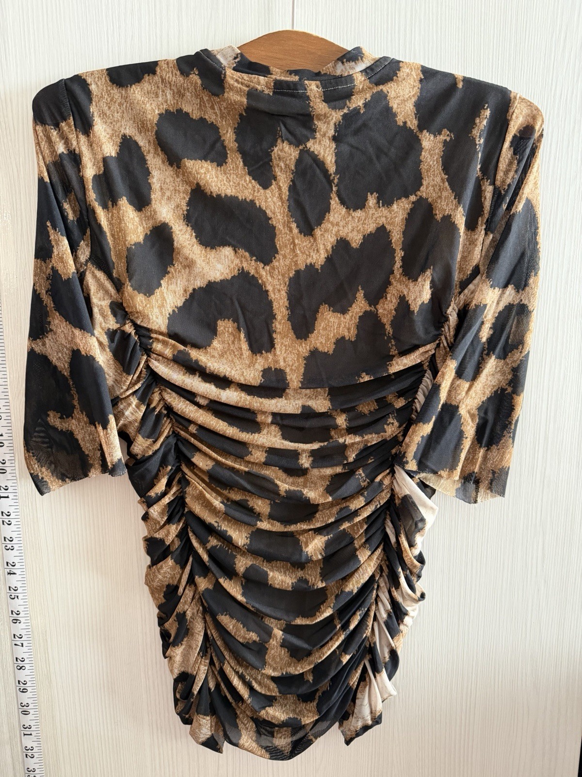 GANNI Leopard Print Mesh Ruched Mock Neck Short Sleeve Top Women’s SZ Small