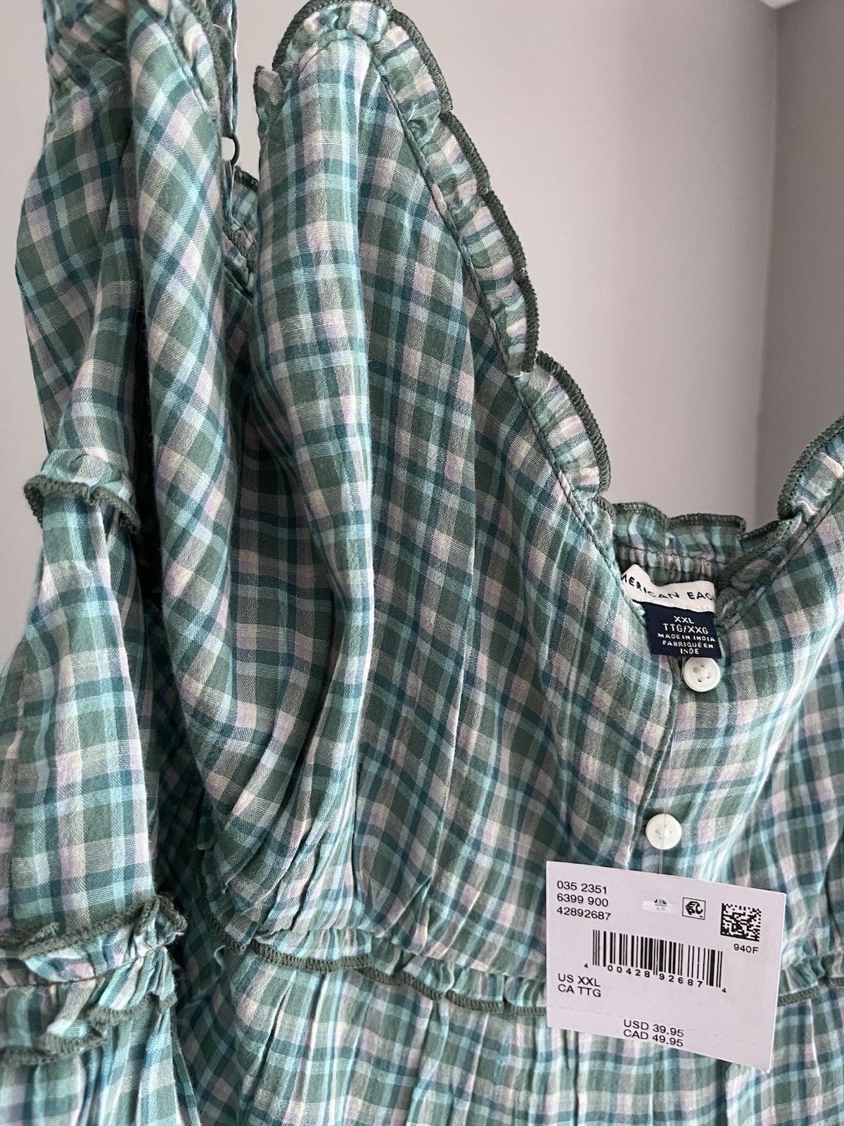 American Eagle Green Plaid Ruffle Square Neck Puff Long Sleeve Blouse XXL