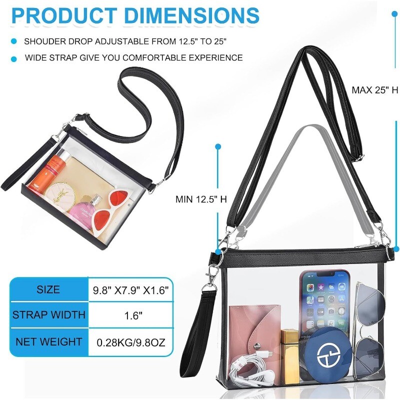 Clear PVC Crossbody Bag Stadium Approved Square Purse for Women Trendy