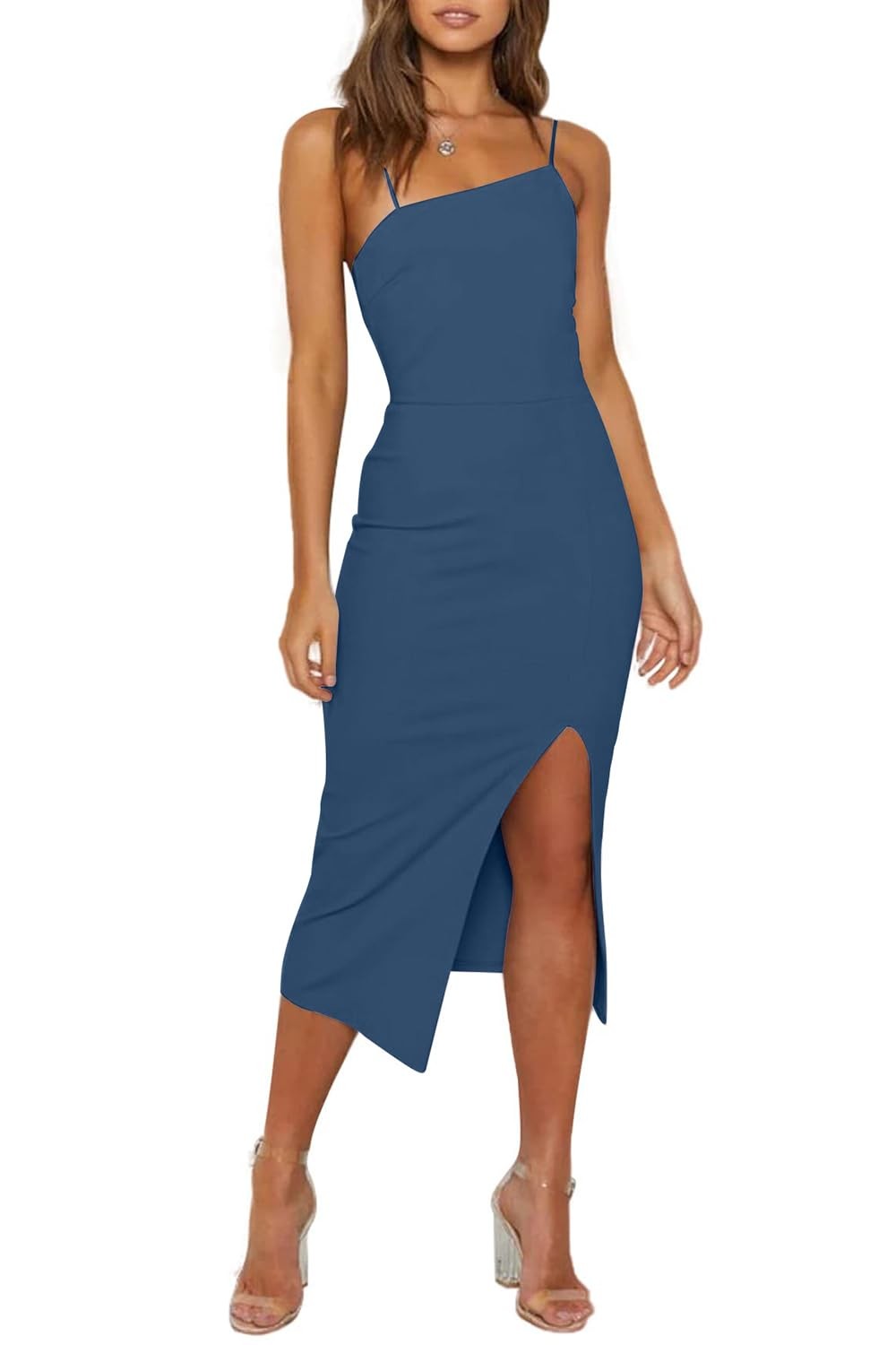 OWIN Women’s Midi Bodycon Dress Small Grey Blue Sleeveless Spaghetti Straps