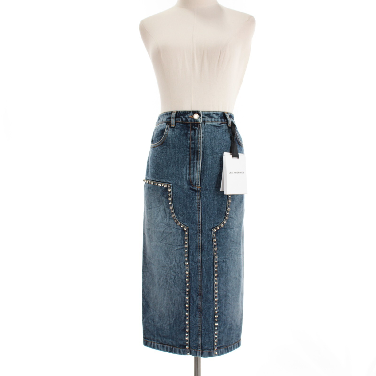 Des Phemmes NWT Embellished Denim Midi Skirt Size 38 / US 2 in Stone Washed Blue