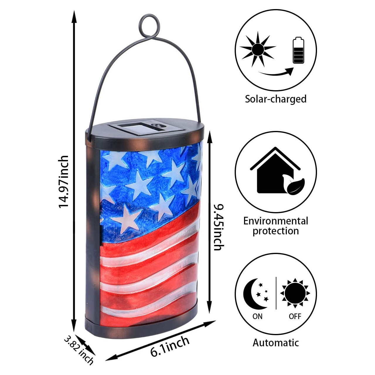 Patriotic USA American Flag Glass Solar LED Lantern With Dusk-To-Dawn Sensor
