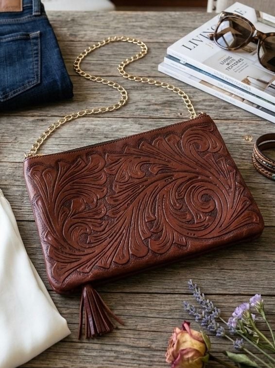 Amantolli by Cinthya Bañuelos Tooled Leather Floral Crossbody Bag with Tassel