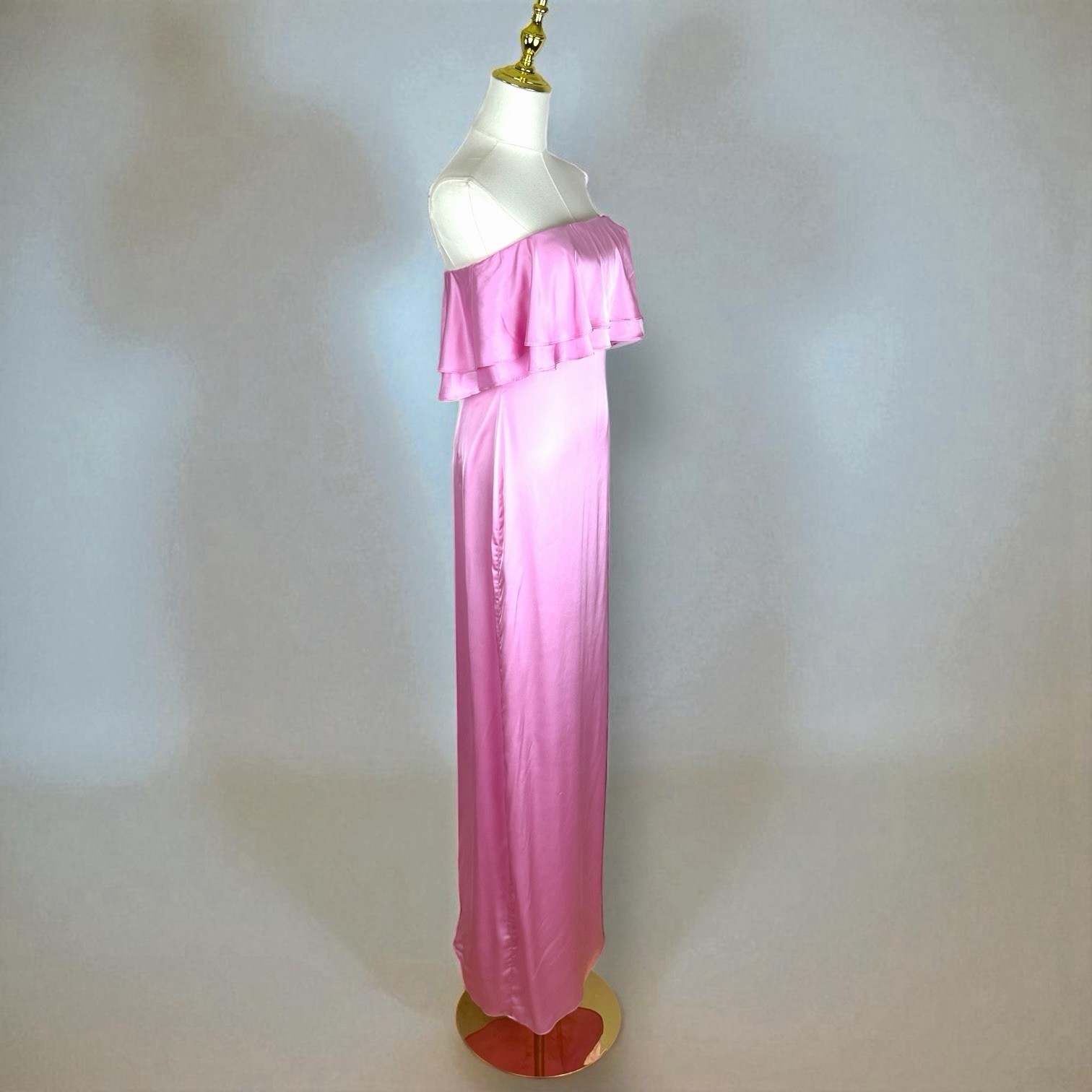 $798 Retrofete Queenie Strapless Pink Ruffle Satin Designer Maxi Dress Small