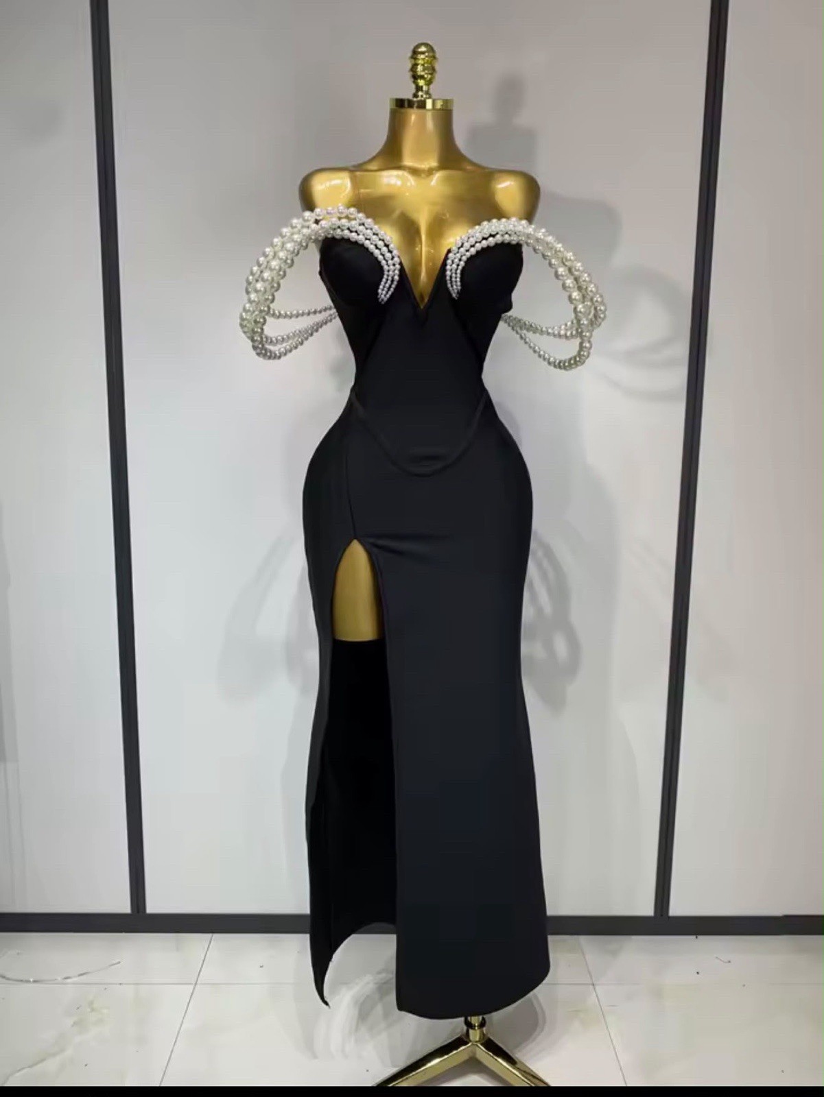 Black Pearl Off Shoulder Evening Dress High Slit Formal Gown Prom Maxi Dress