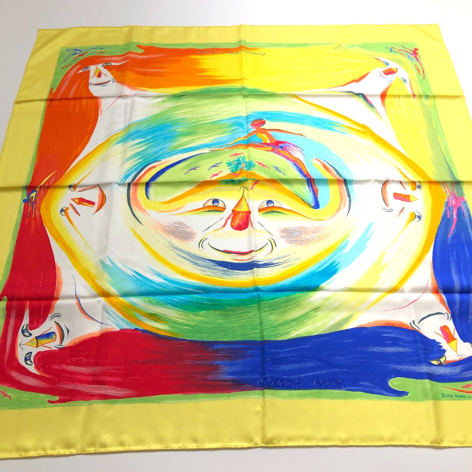 Hermes Paris Smiles In Third Millenary NEW 100% Silk Scarf France RARE 35×34 HRJ