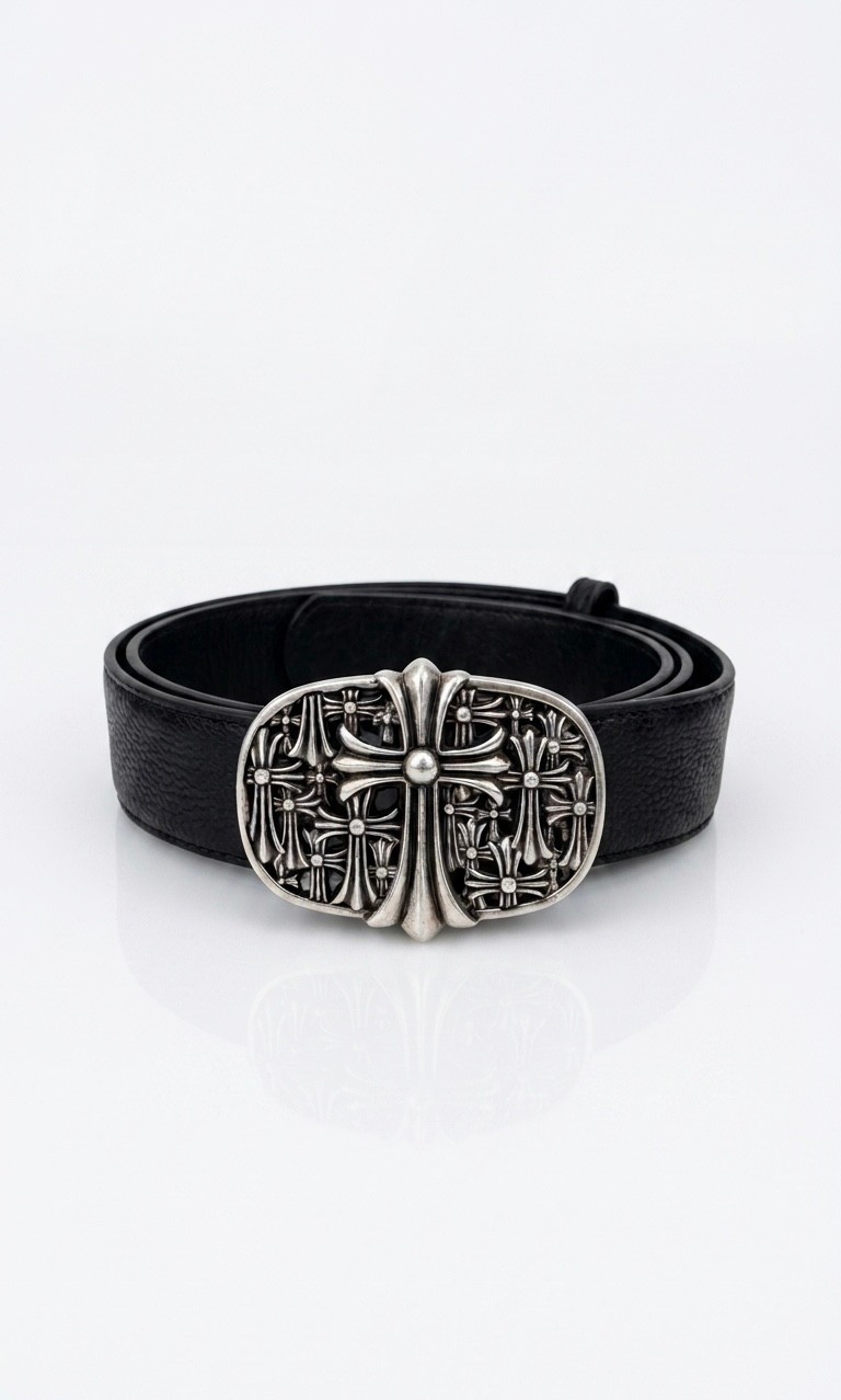 Chrome Hearts Cross Buckle Leather Belt Black Silver